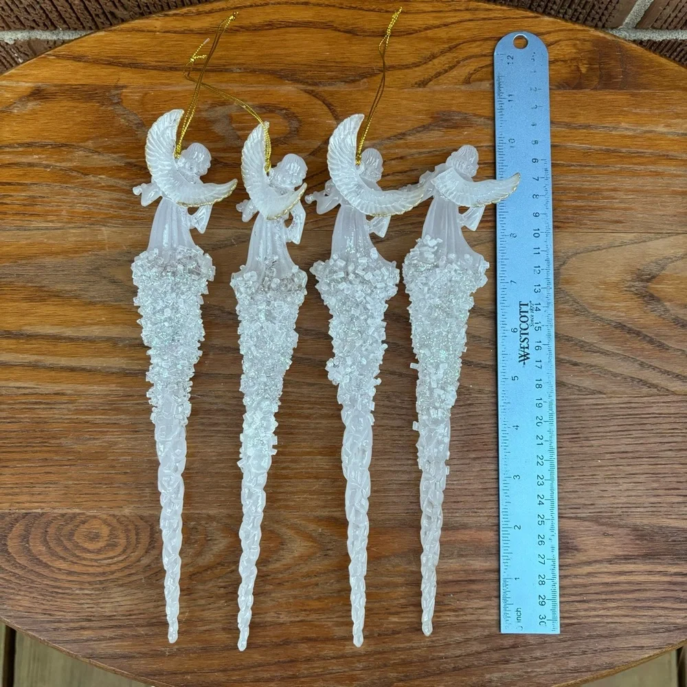 Angel Icicle Ornaments 11” In Length plastic Glass look Set of 4